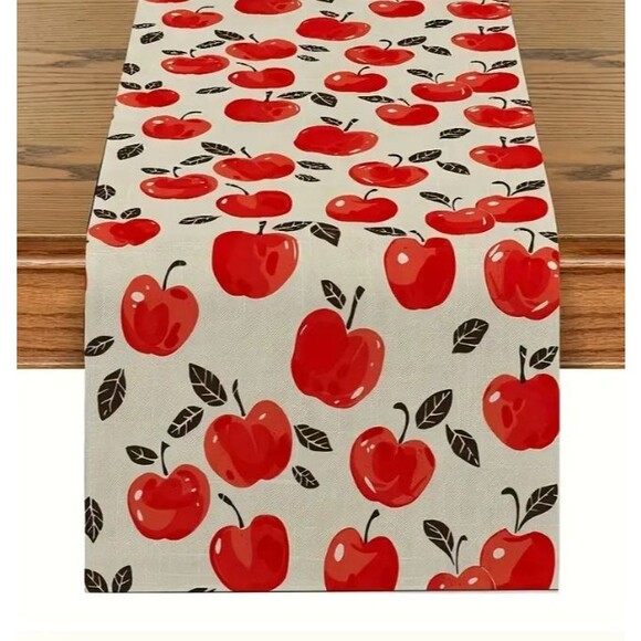 Table runner 13x72in Woven Polyester Apples Off White, red and black - Picture 1 of 3
